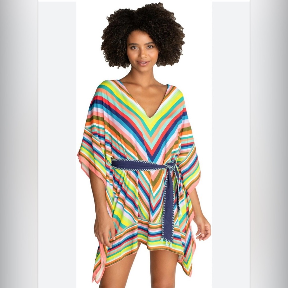 Trina Turk Multicolor Striped V-Neck Swim Coverup with Navy Belt